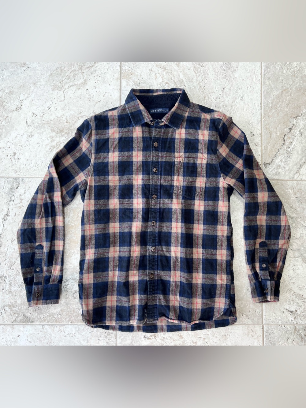 Nifty Genius Plaid Button-Up Long Sleeve Cotton Flannel Shirt Blue Tan, Medium